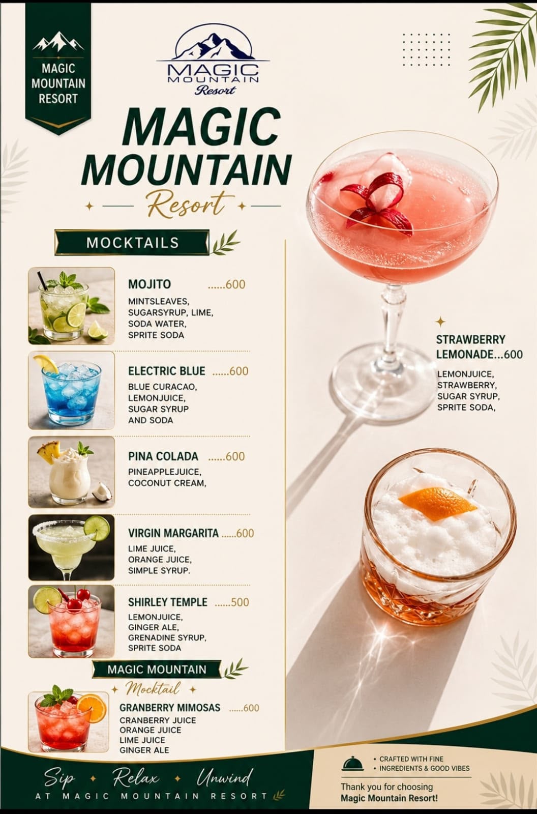 Magic Mountain Resort mocktails menu