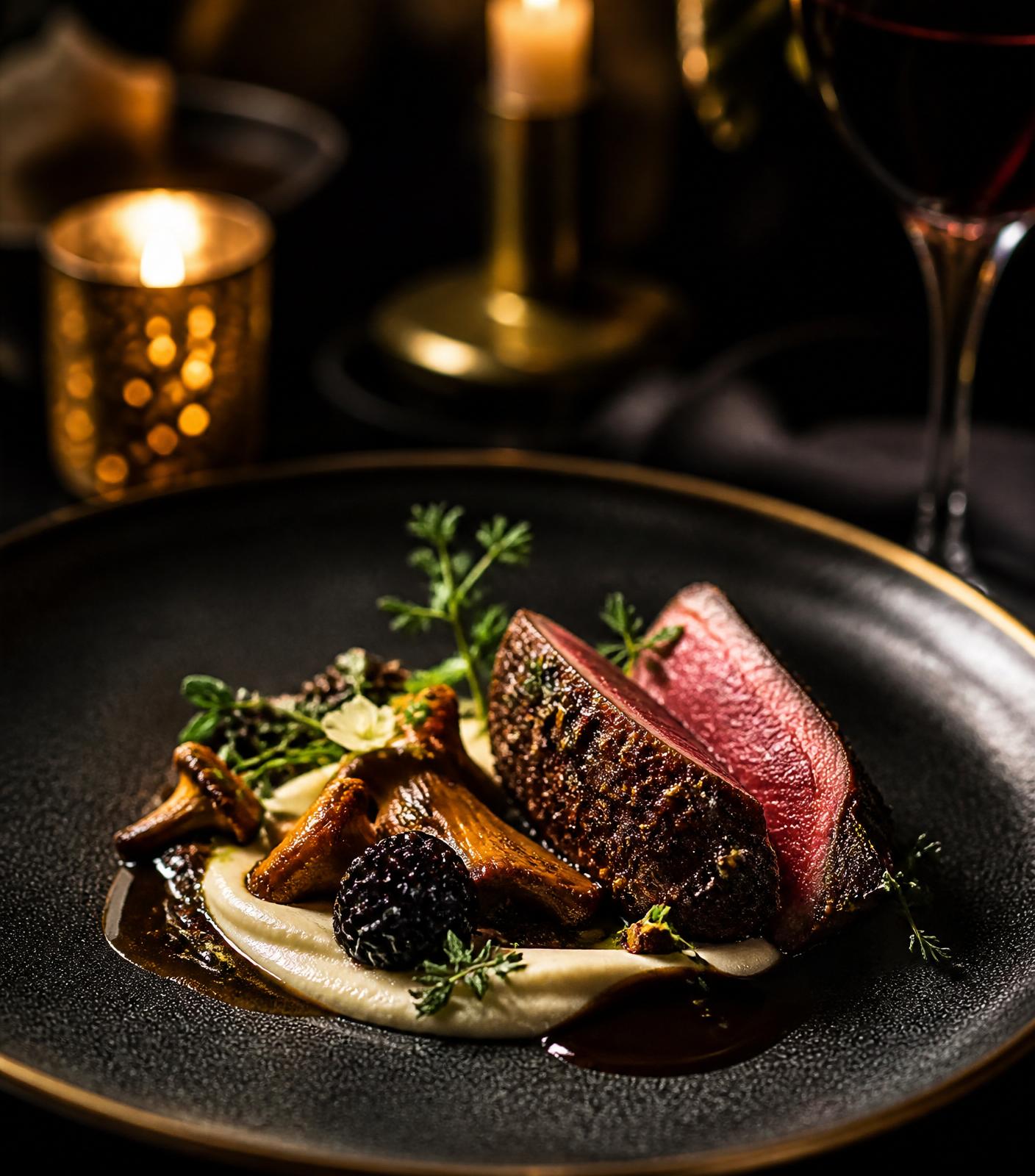 A dark, candlelit fine dining plate with mountain venison